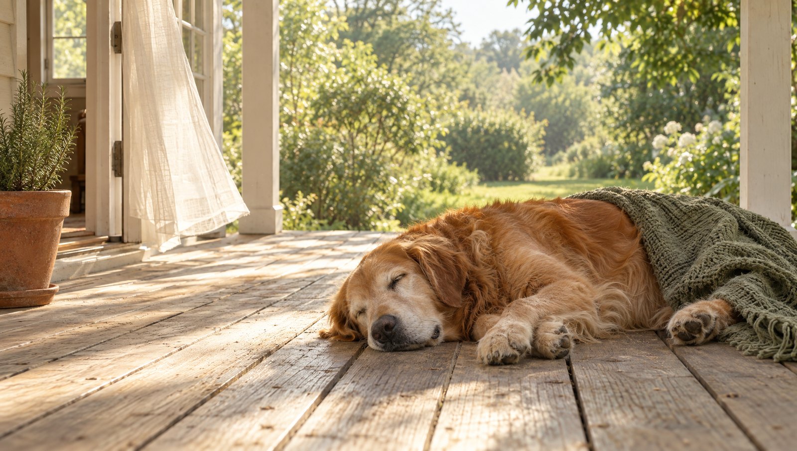 Ein Golden Retriever schläft in der Sonne auf einer Holzveranda