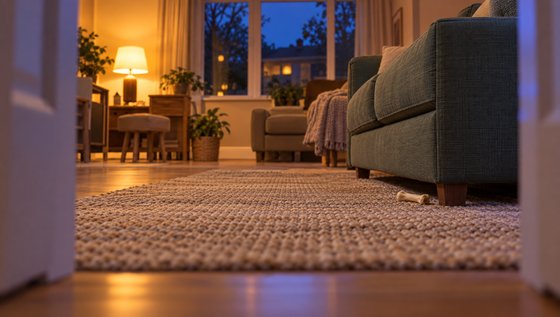 Board 2, das Wohnzimmer von der Tür aus, Lampenlicht am Abend